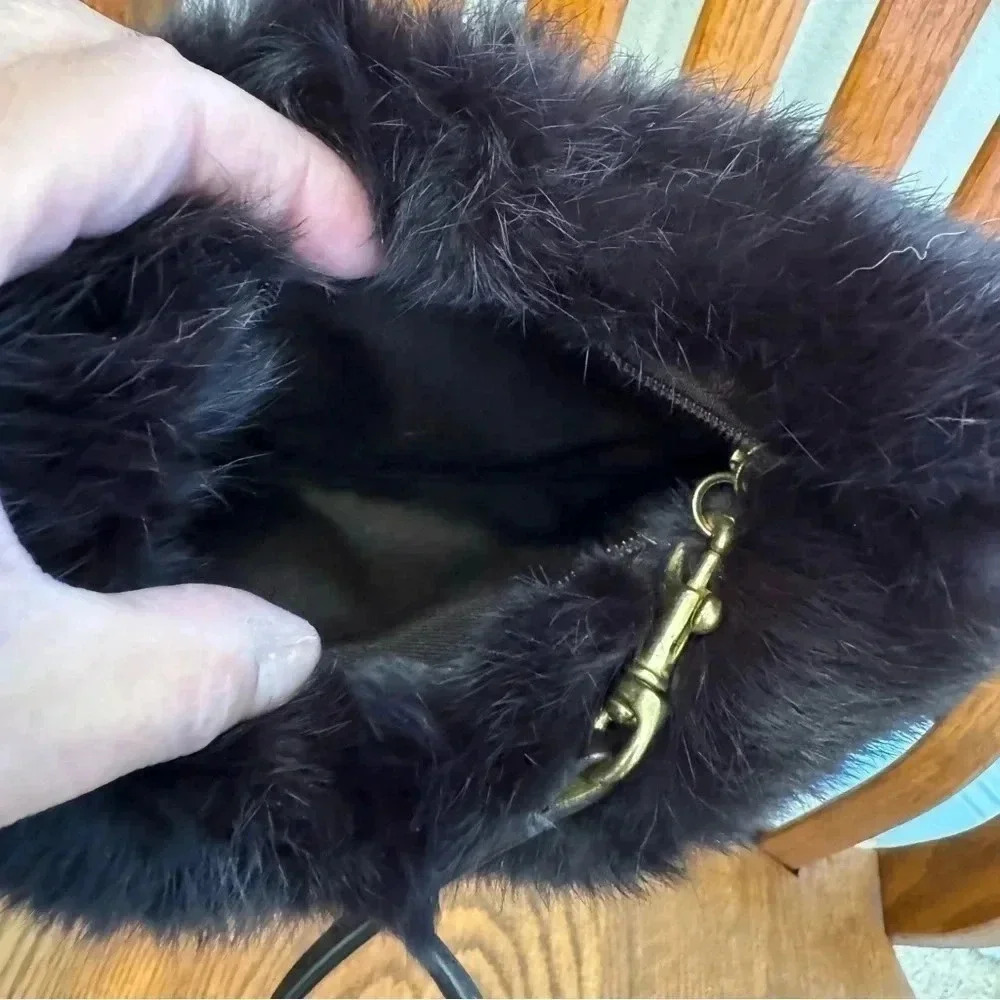 Coach Soho Ski, Satin, Wristlet With Rabbit Fur,  Brown, 7” W X 5” H - Picture 6 of 7